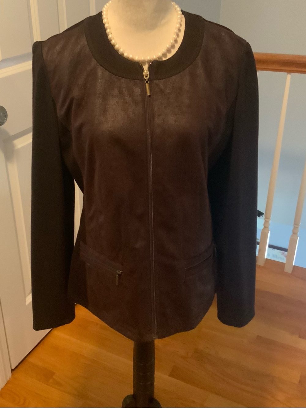 BRAND NEW JM Collection Chocolate Brown and Black Faux-Leather Zip Front Jacket